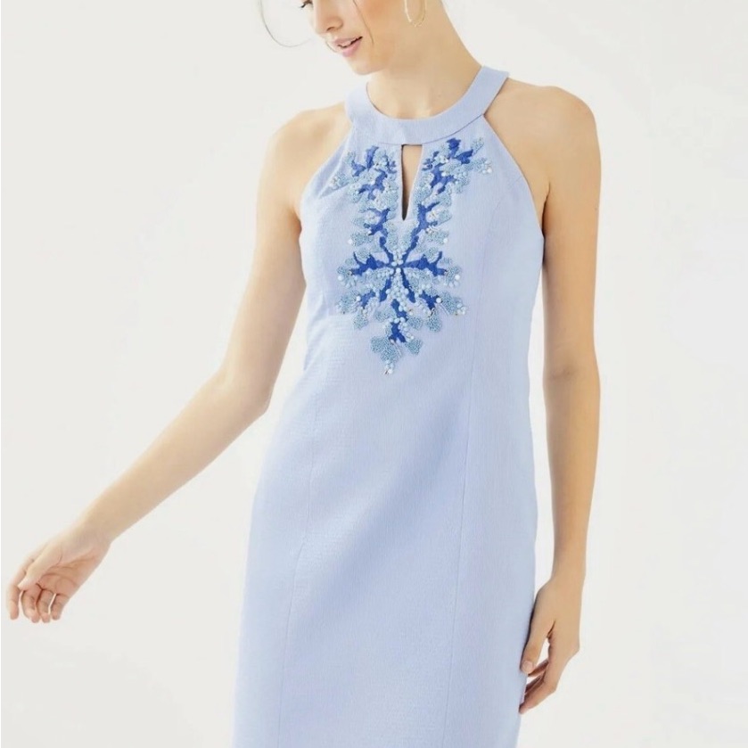 New Lilly Pulitzer Blue Embroidered Halter Neck Dress